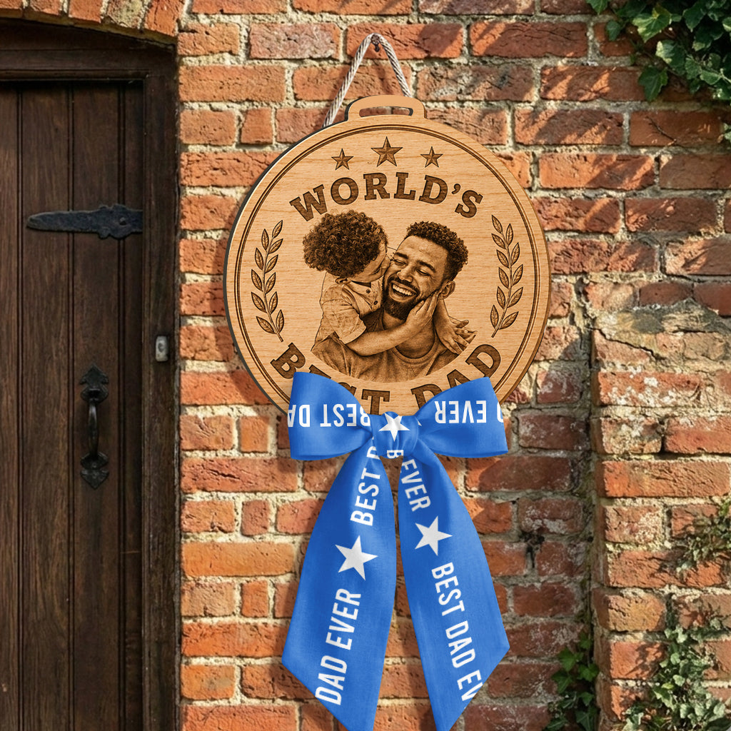 Giant Medal Funny World's Best Dad Custom Photo - Personalized Father Shaped Wood Sign With Sash