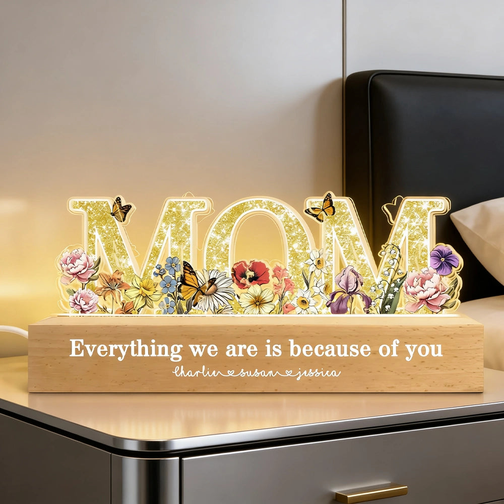 Personalized Block LED Light Plaque for Mom, Floral MOM Night Light with Custom Details, Cozy Bedroom Lamp & Heartfelt Gift