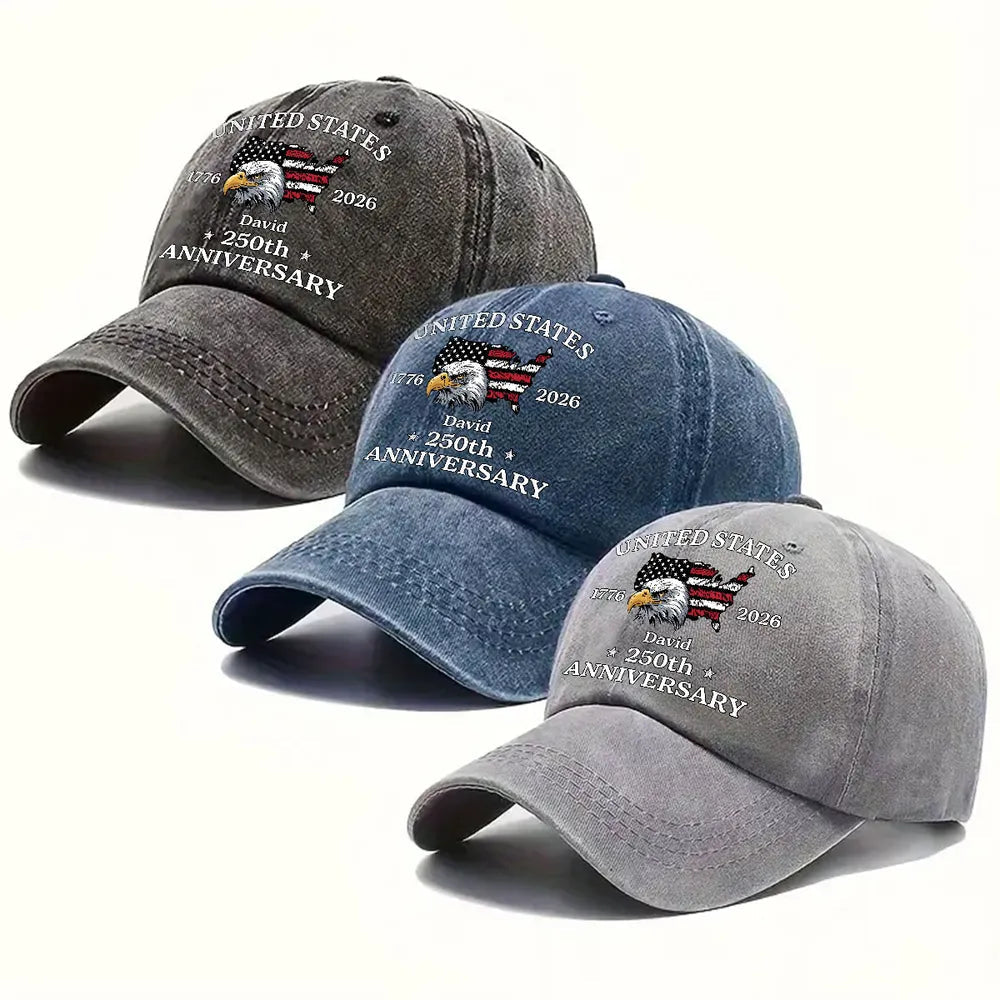 Custom Name US 250th Anniversary Flag Eagle Washed Denim Hat, Meaningful Everyday Keepsake