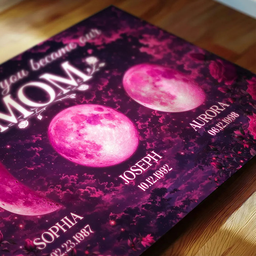 The Days You Became Our Mom Poster, Personalized Pink Moon Wall Art with Rose Accents, Meaningful Gift for Mom