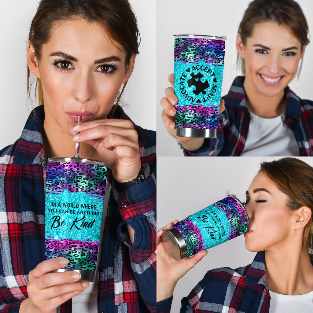 Be Kind Faux Glitter Print Autism Awareness Tumbler 0622