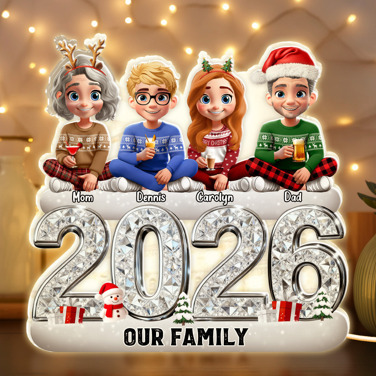 Custom Our Family Acrylic Light Box with Festive Characters, Warm Atmosphere Lighting Acrylic Light Box, Heartfelt Holiday Gift for the Whole Family