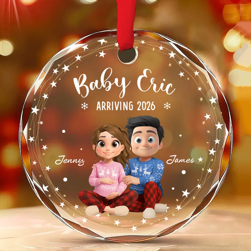 Crystal Ornament for Baby Announcement with cute couple illustration, heartwarming keepsake and perfect family gift