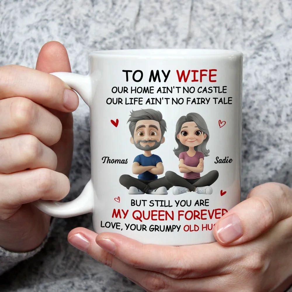 Personalized White Ceramic Mug for Wife from Husband, Cute Cartoon Couple, My Queen Forever, Unique Romantic Gift