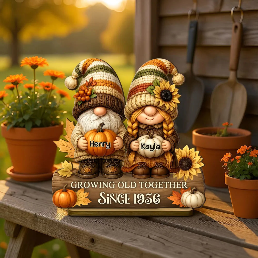Gnome Couple Wooden Plaque, Customizable Fall Pumpkins and Sunflowers, Romantic Keepsake for Home, Unique Couple Gift