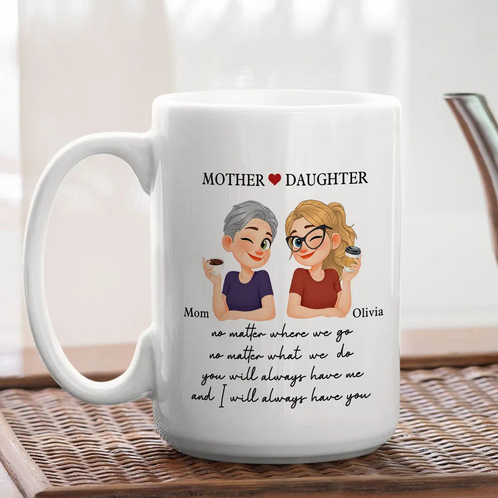 Personalized Mother Daughter Ceramic Mug With Cute Cartoon And Sweet Quote, Unique Gift For Mom From Daughter