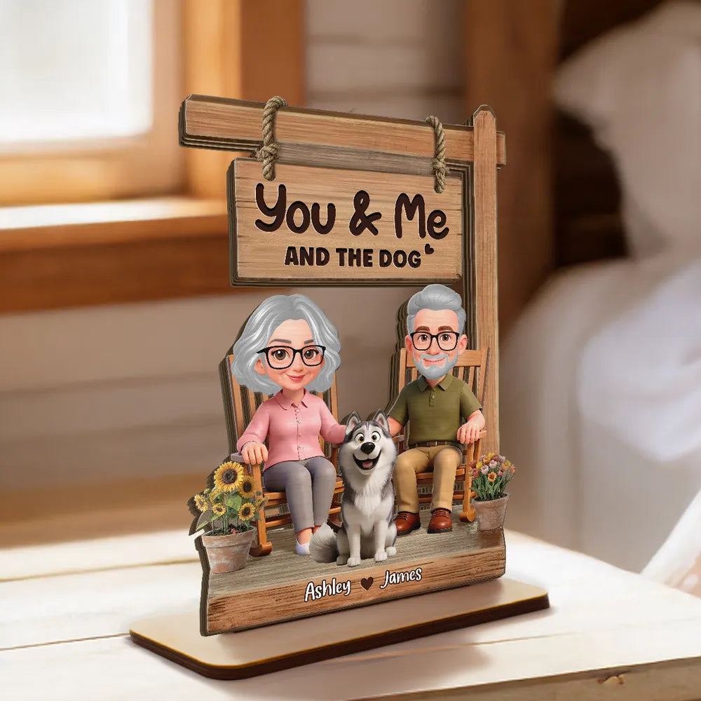 You & Me and the Dog 2-Layer Wooden Plaque, Personalized Sweet Cartoon Keepsake for Couple and Dog Lover Gift