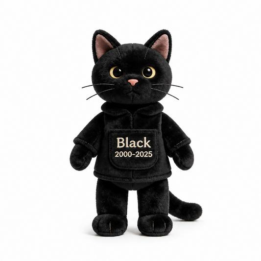 Custom Pet Memorial Black Cat Faux Fur Shaped Pillow - Personalized Cat Loss Remembrance Stuffed Animal, Sympathy Keepsake Gift for Black Cat Lovers