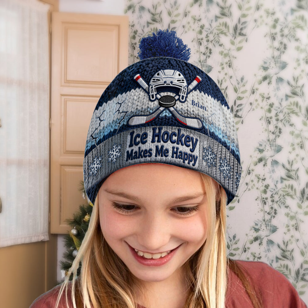 Ice Hockey Makes Me Happy - Personalized Hockey Beanie Hat