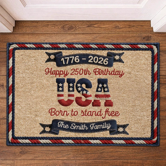 Happy 250th Birthday USA Standard Doormat, Personalized Family Name Welcome Mat, Proud Patriotic Gift for Home
