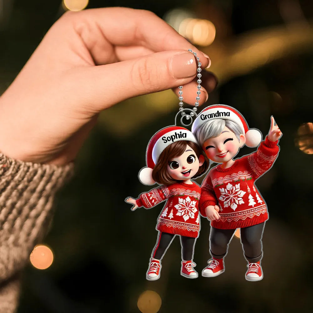 Acrylic Ornament with Grandma & Grandchild Christmas Theme, Festive Red Sweater Design, Perfect Family Gift Keepsake