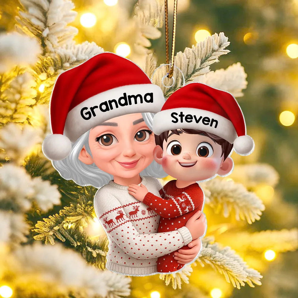 Christmas Acrylic Ornament - Grandma Hugging Grandkid in Santa Hats, Cute Cartoon Tree Decor, a Unique Gift for Family