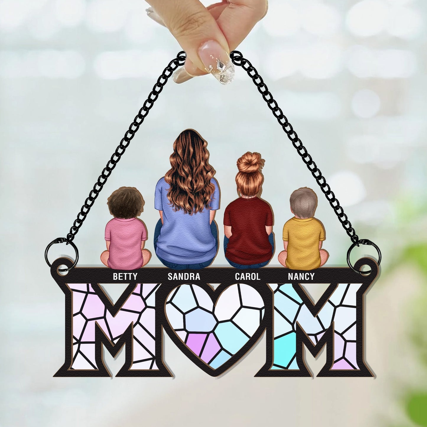 Wood and Acrylic Layered Ornament with Mom and Children Back View, High Clarity, Heartwarming Gift for Family