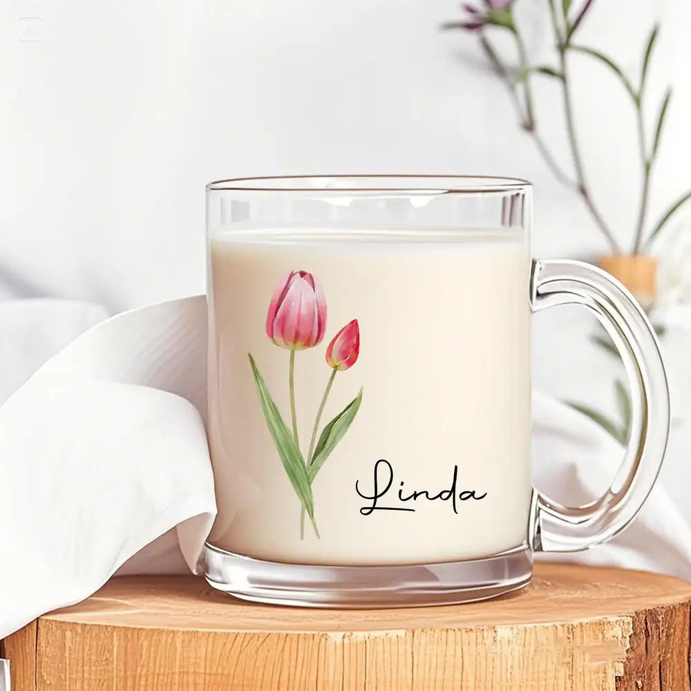 Personalized Glass Mug – Perfect Gift for Friends and Family with Custom Name and Beautiful Floral Design