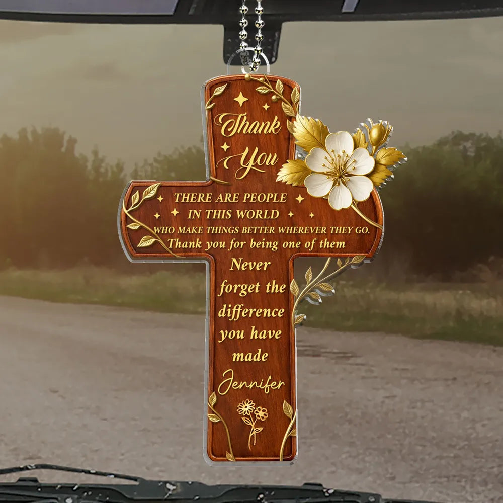 Acrylic Car Hanger Gratitude Cross With Flowers, Personalized Thank You Keepsake, Unique Appreciation Gift