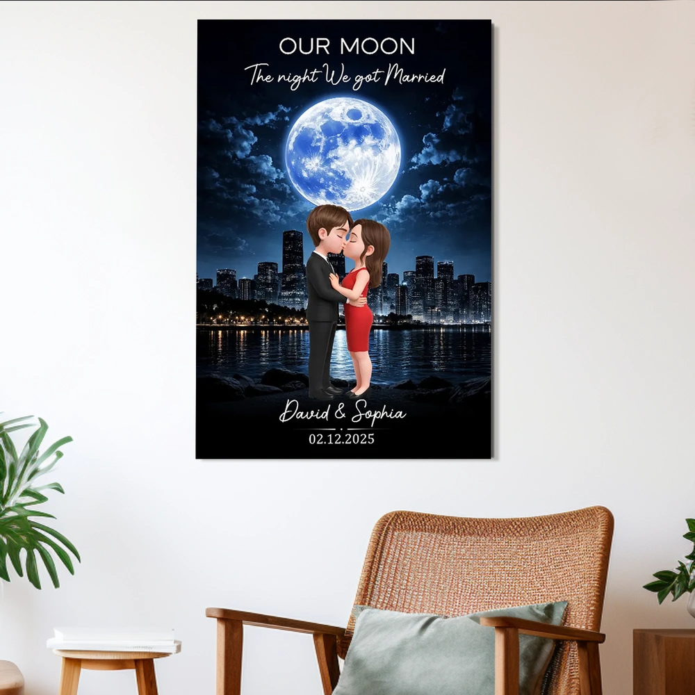 Our Moon Romantic Poster with Kissing Couple by the City Skyline, Personalized Keepsake Wall Art, Unique Wedding Gift