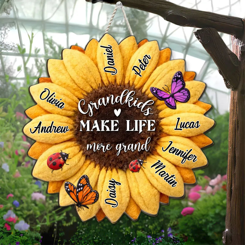 Grandkids Make Life More Grand Wooden Sign Personalized Sunflower With Butterflies Sweet Home Accent Gift for Grandparents