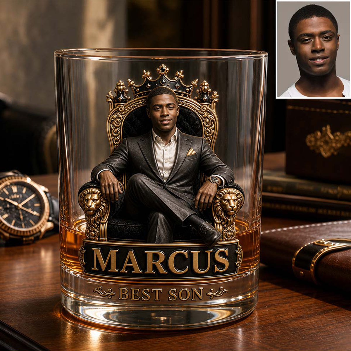 Gift For Black King, Custom Gift Father's Day - Personalized Father Whiskey Bottle & Glass