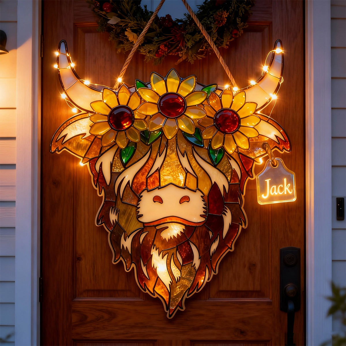 Highland Cow With Sunflowers - Personalized Highland Cow LED Light Acrylic Sign