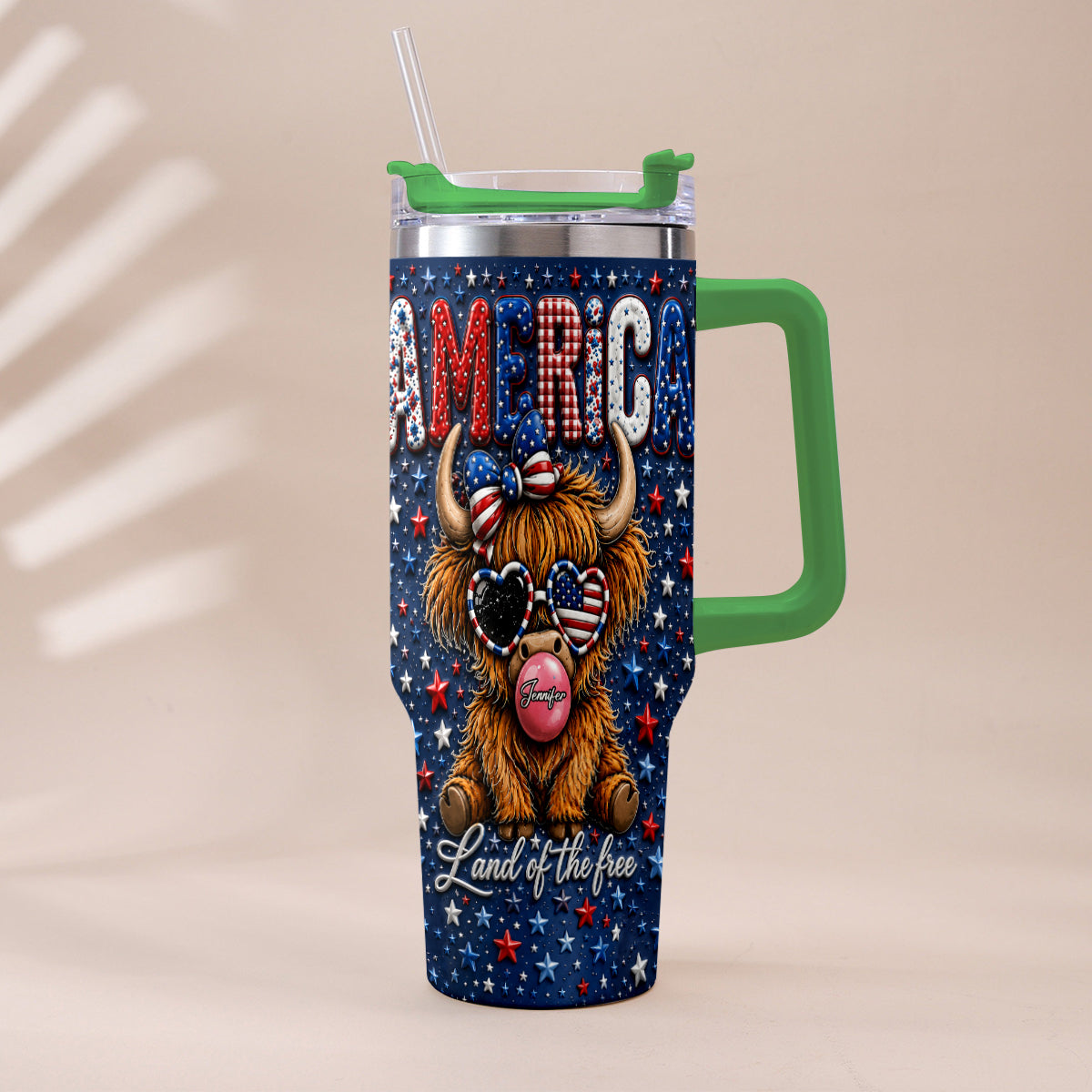 Land Of The Free - Personalized Highland Cow Tumbler With Plush Charm