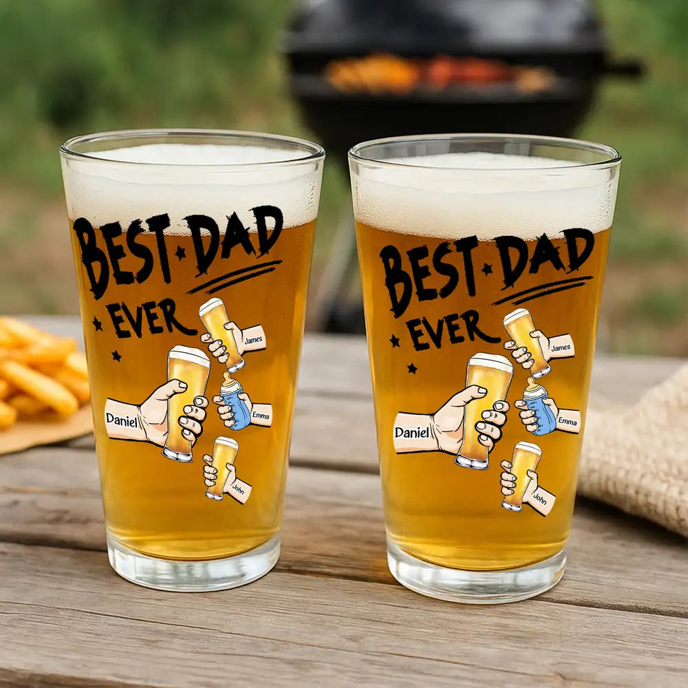 “Best Dad Ever” Personalized Beer Glass – Custom Cheers Design with Kid Names