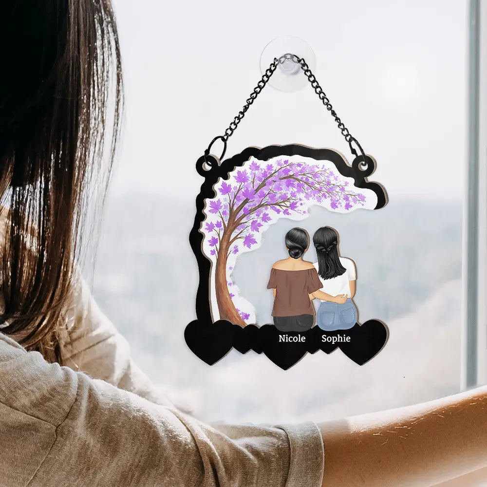 Wood and Acrylic Layered Ornament with Mother and Daughters Back View, Warm Family Bond Design, Perfect Gift for Women and Sisters