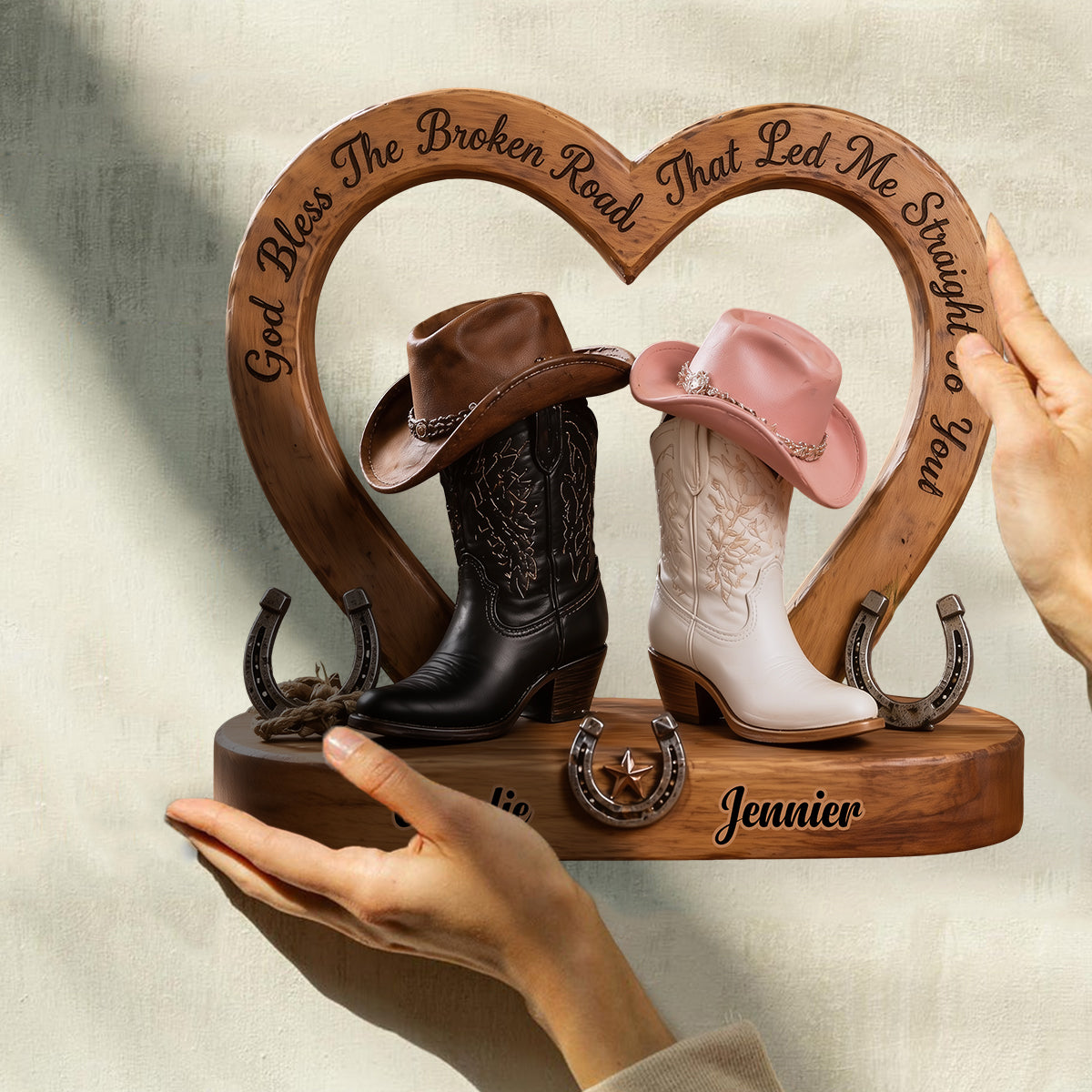 Cowboy & Cowgirl Couple, Western House Decoration, God Bless The Broken Road - Personalized Western Outfit Custom Shaped Wood Plaque