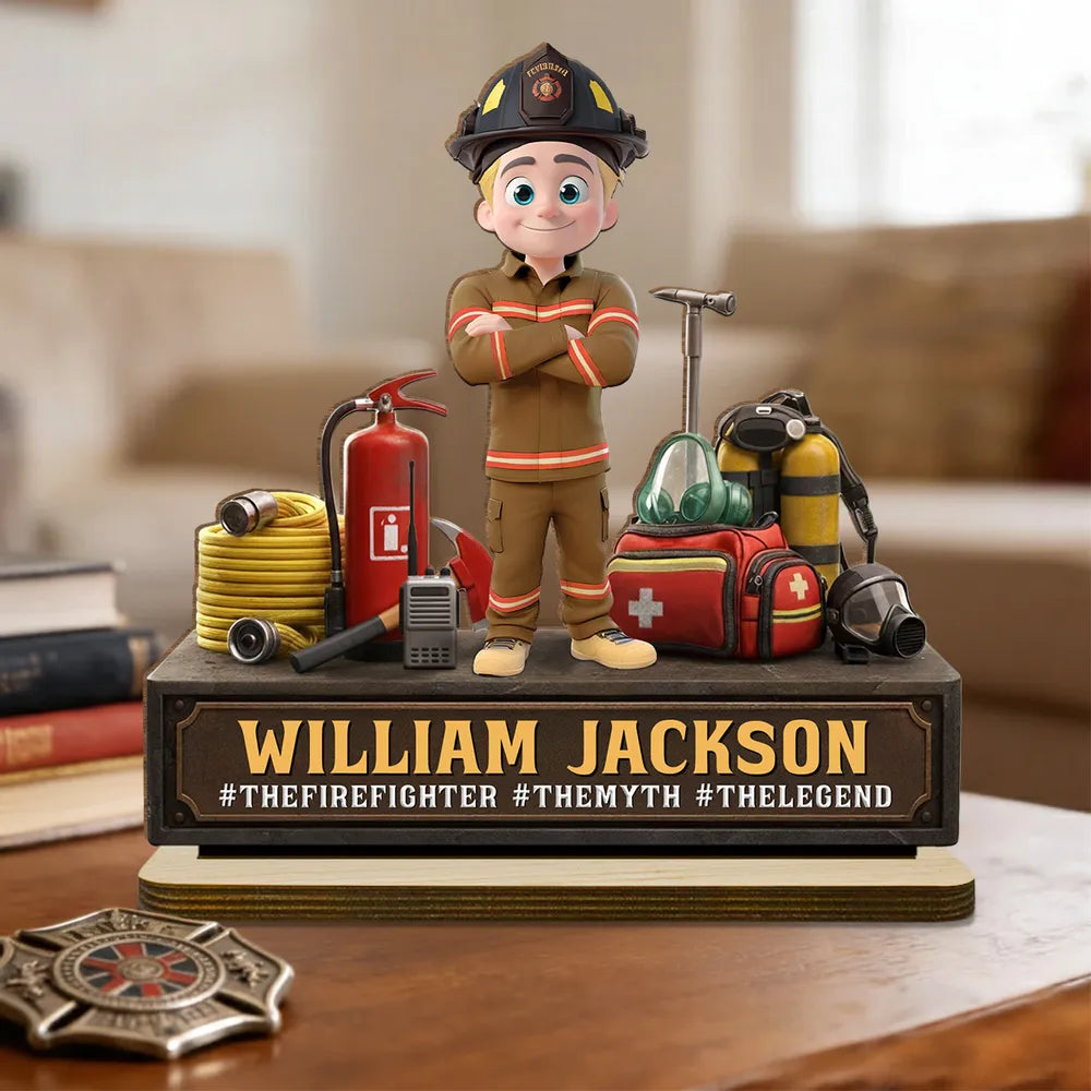 Personalized Firefighter 2-Layer Wooden Plaque, Cartoon Hero Gear Display, Unique Gift for Firefighters