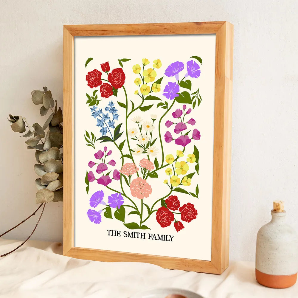 Personalized Birth Flower Bouquet Poster Minimalist Floral Wall Decor Unique Gift for Sisters, Sweet Quote Keepsake