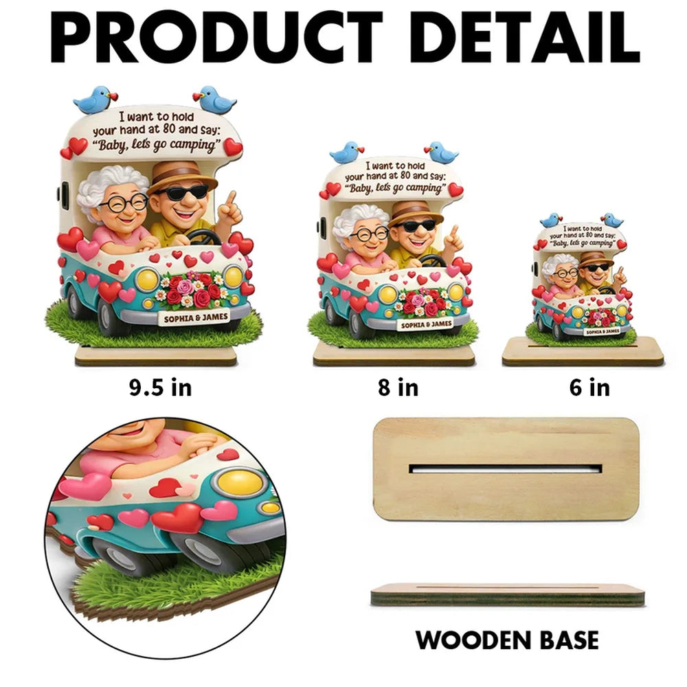 Personalized 2-Layer Wooden Plaque Cute Cartoon Couple in Camper Van 'Baby, let's go camping' Unique Gift for Him or Her