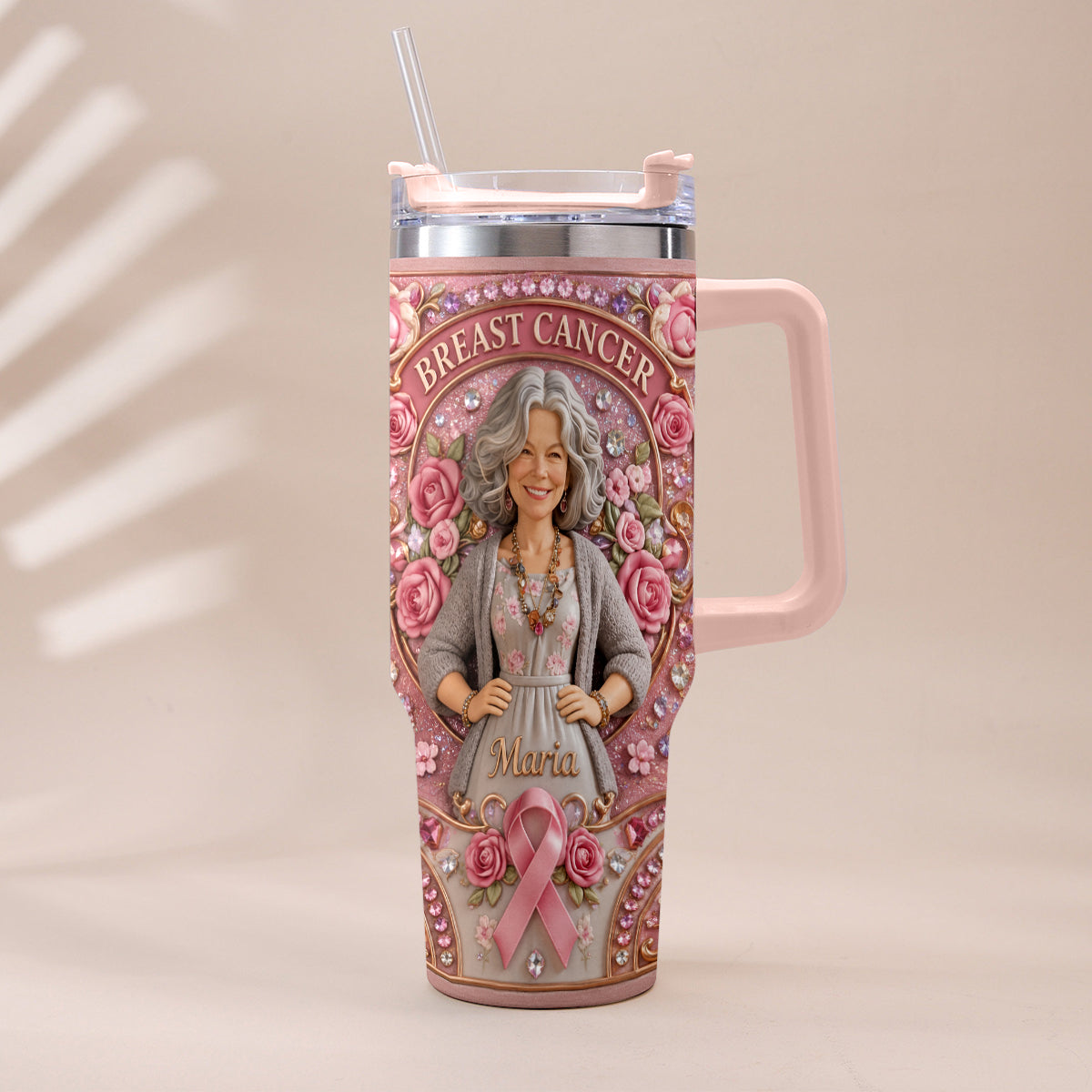 Hope Strength Love - Personalized Breast Cancer Awareness Tumbler With Plush Charm