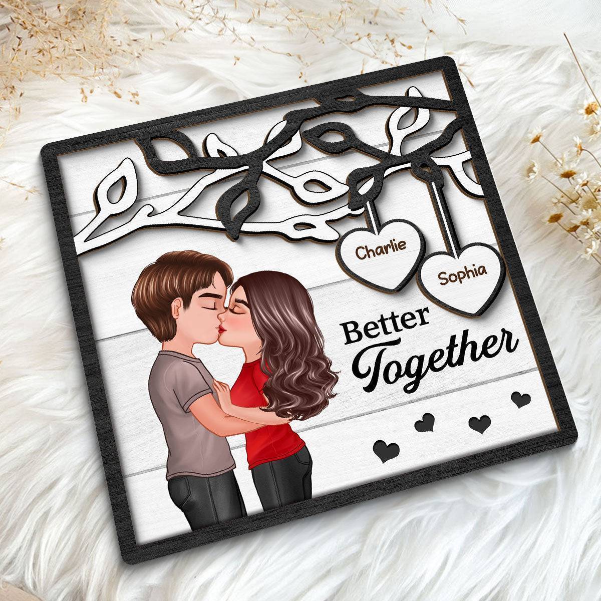 Enchanted Love - Personalized 'Couple Kissing Under Tree' Wooden Plaque - A Perfect Valentine's & Anniversary Gift for Him and Her