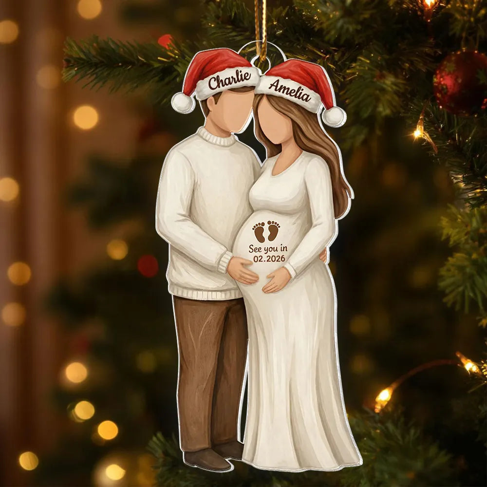 Custom Couple Acrylic Ornament for Parents-to-Be, Romantic Christmas Tree Decor, Personalized Baby Bump Keepsake Gift