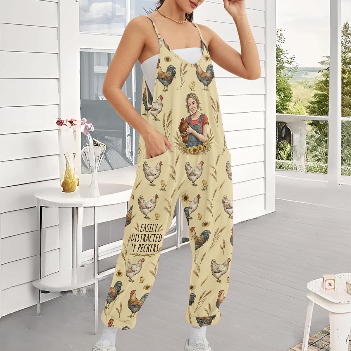 Easily Distracted By Peckers, Farmers Gift - Personalized Chicken Loose-Fit Overalls/ Rompers