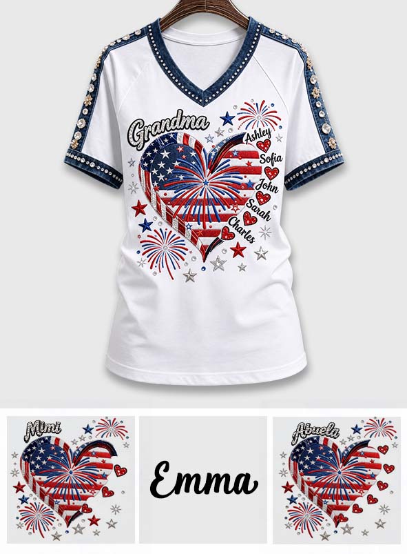 July 4th Grandma Sweethearts Shirt - Personalized Grandma Fully Printed V-Neck T-Shirt