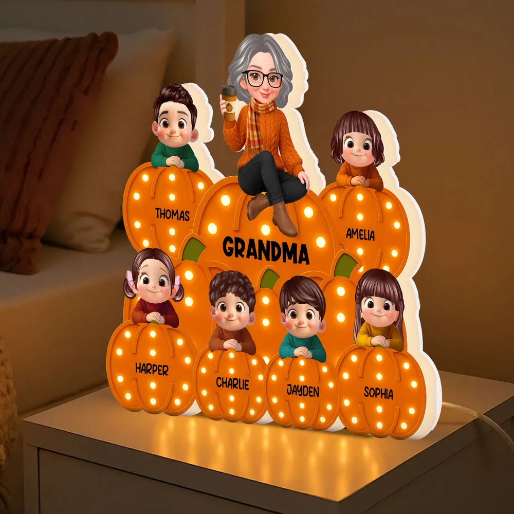 Personalized Acrylic Light Box for Grandma and Grandkids, pumpkin stack design, warm glow, fall décor keepsake, perfect gift for Halloween and Thanksgiving