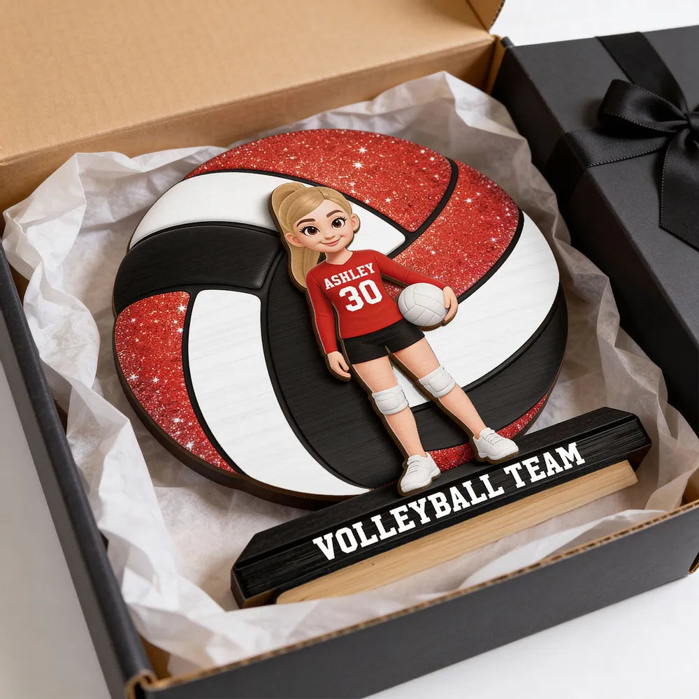 Personalized 2-Layer Wooden Plaque Volleyball Player in Gym - Unique Team Gift with Bold Sparkle Look