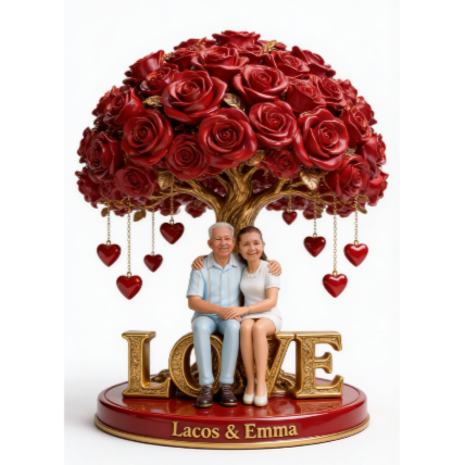 Custom Senior Latin Couple Figurine Statue, Engraved Anniversary Gift, Personalized Red Rose Tree Sculpture Romantic Home Decor