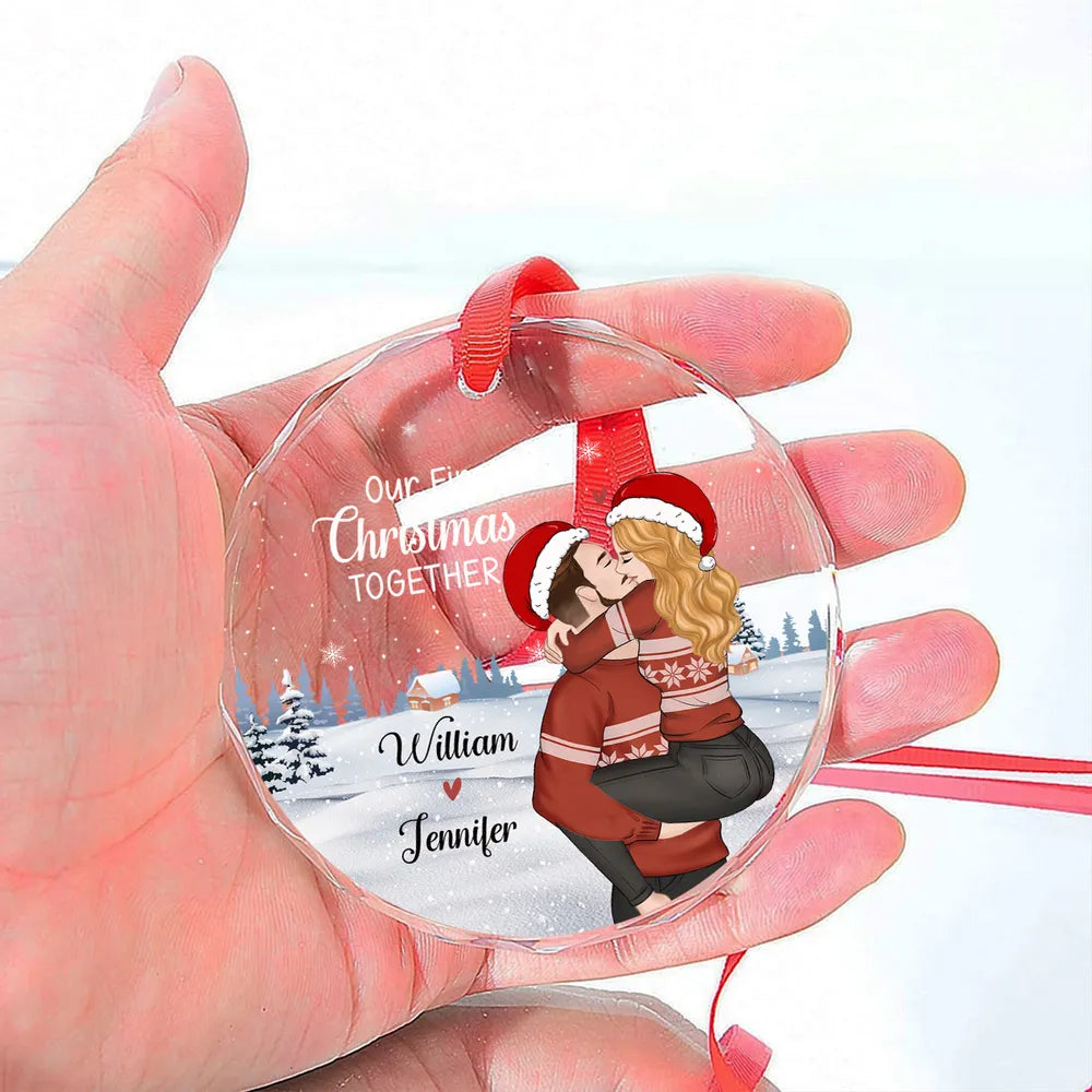 Crystal Ornament with Romantic Couple Illustration, Cozy Holiday Vibes, Perfect Gift for Couples