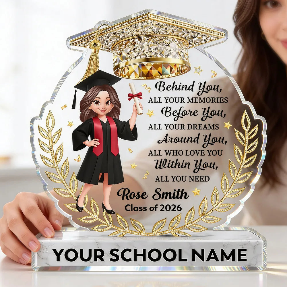 Personalized Shaped Acrylic Block Plaque Graduation Girl With Cap Quote, Unique Keepsake Gift for Grad, Shiny Gold Look Decor