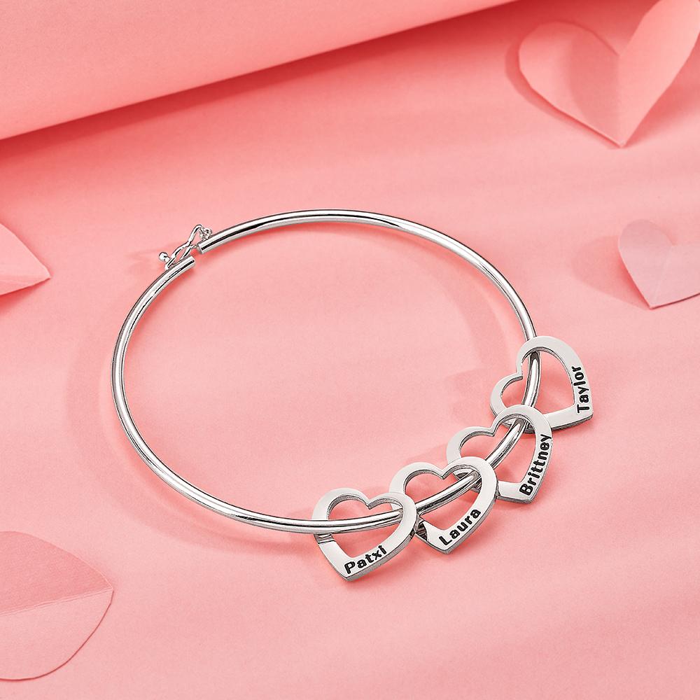 Any Name - Personalized Family Bangle Bracelet with Heart/Round Pendants