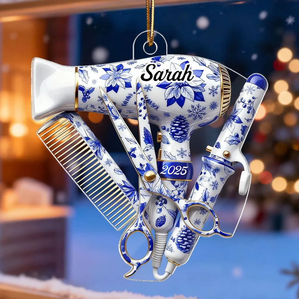 Hairdresser Things Acrylic Ornament with Custom Name – Elegant Blue Floral Salon Tool Design, Festive Tree Decor and Creative Gift for Your Favorite Stylist