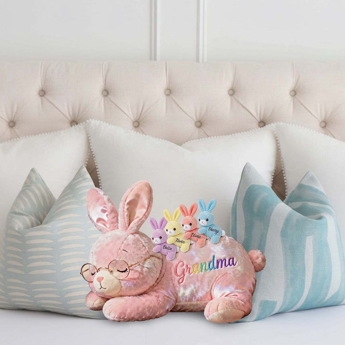 Grandma Bunny with Baby Bunnies - Personalized Grandma Faux Fur Shaped Pillow
