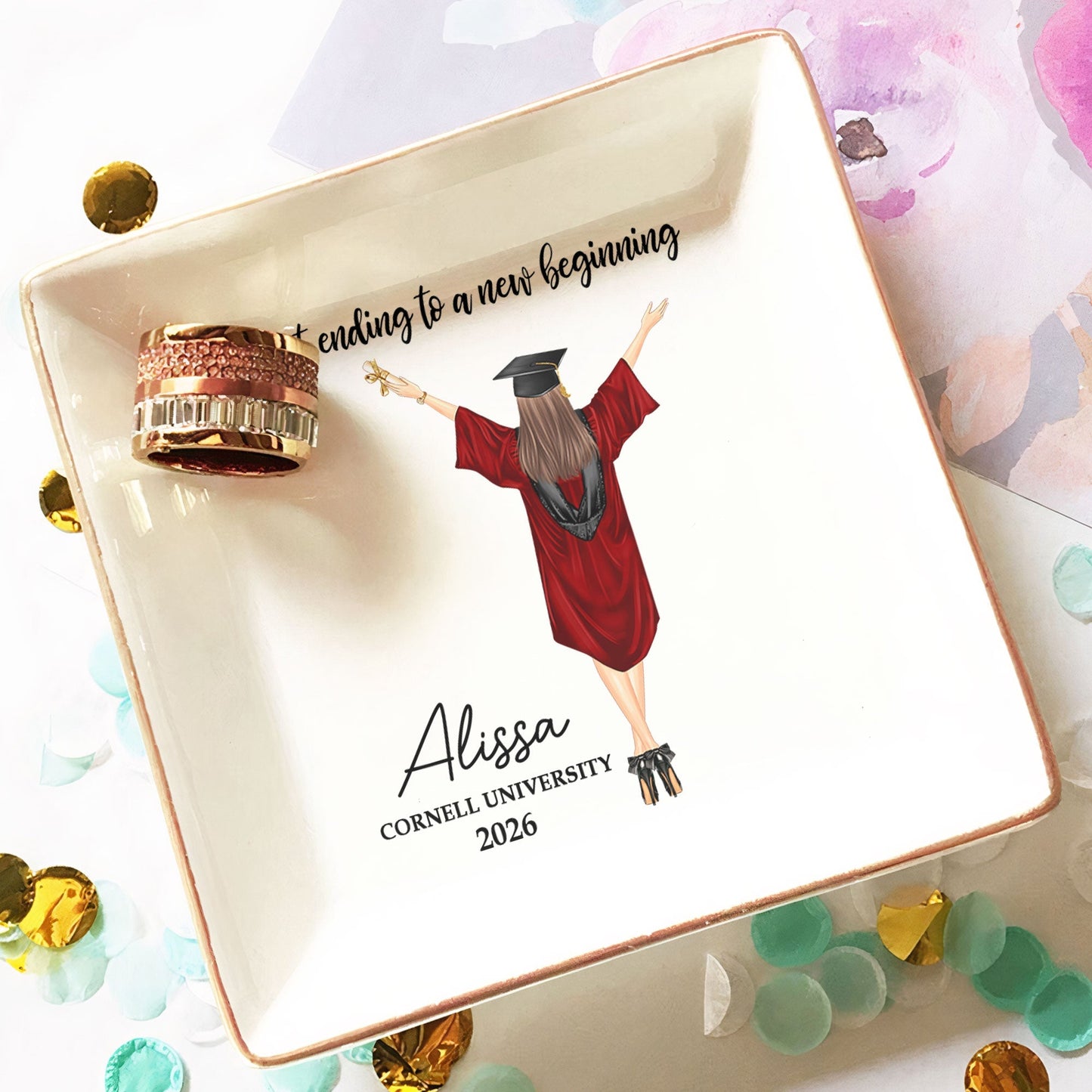 Personalized Graduation Jewelry Dish, Custom Keepsake Vanity Decor, A Sweet Ending To A New Beginning, Unique Gift