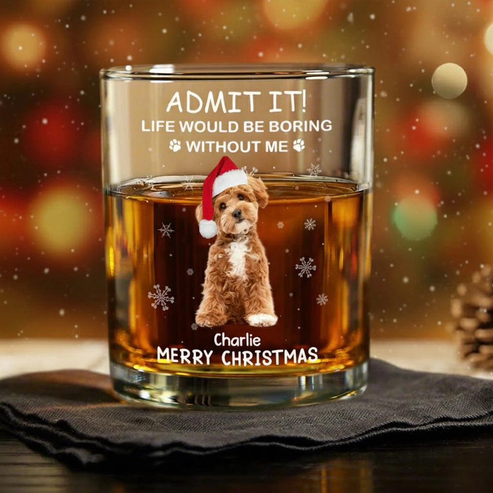 Custom Christmas Whiskey Glass with Cute Dog Illustration, Personalized Pet Lover Gift for Dad or Him, Fun Barware for Special Occasions