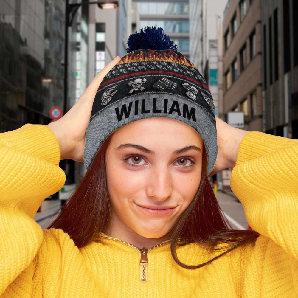 Flame & Engine - Personalized Biker Beanie Hat