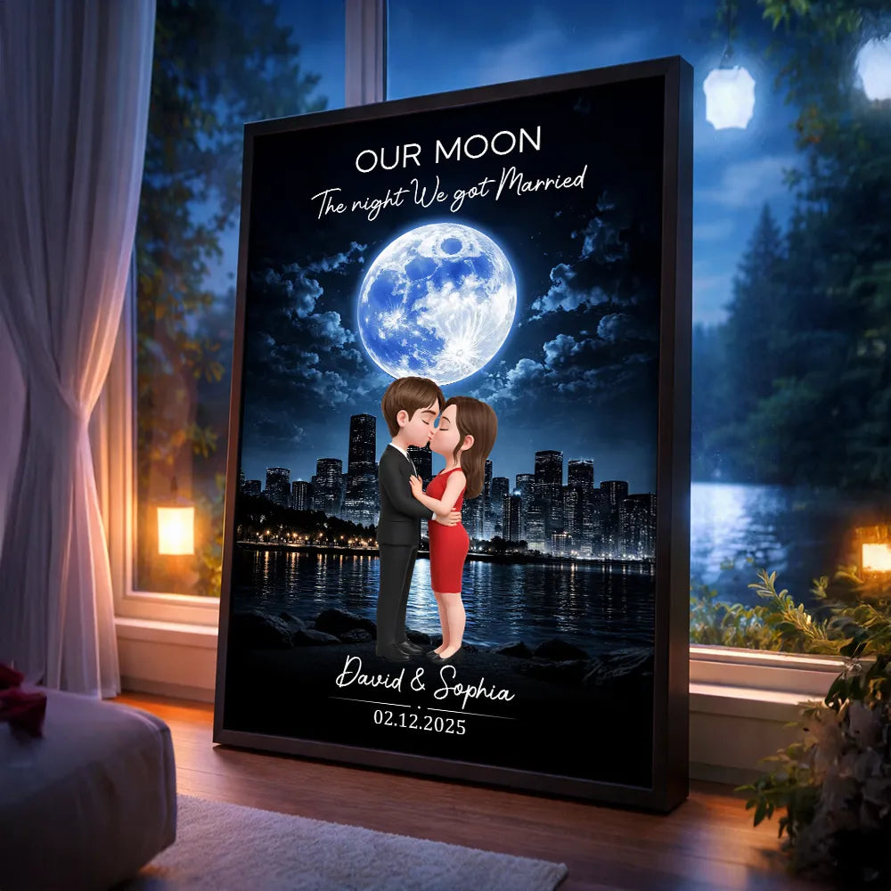 Our Moon Romantic Poster with Kissing Couple by the City Skyline, Personalized Keepsake Wall Art, Unique Wedding Gift