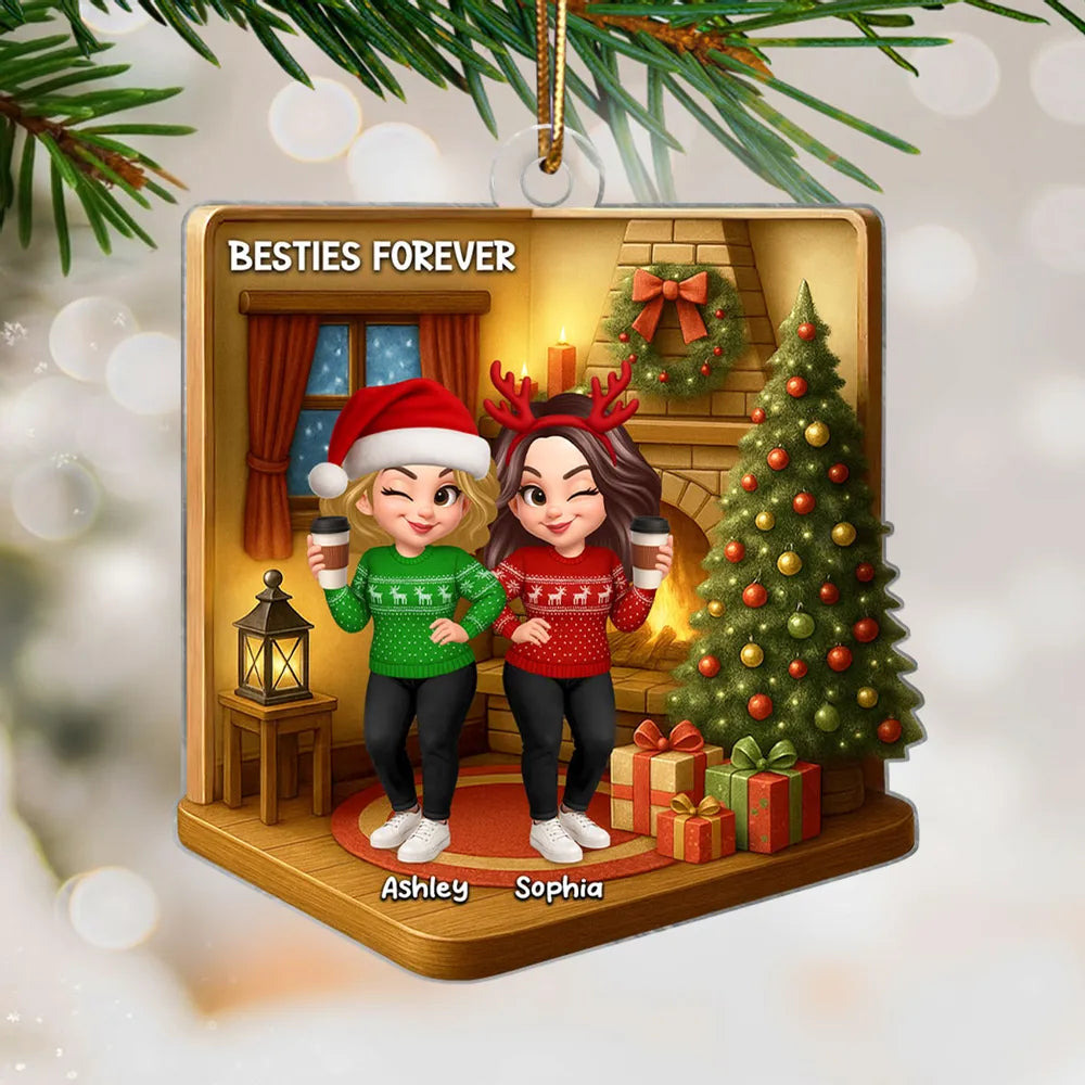 Custom Best Friends Christmas Ornament - Cozy Fireplace Design
