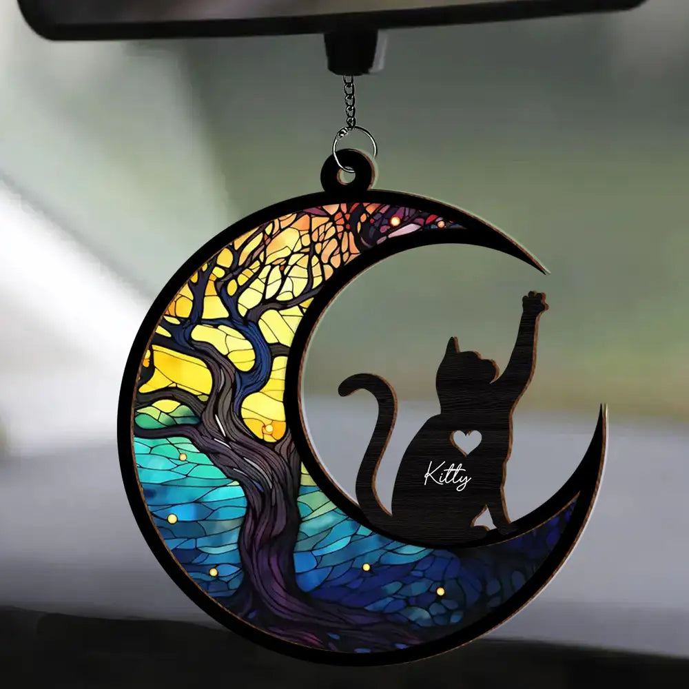 Cat Lover Gift – Layered Wood & Acrylic Ornament with Pet Name and Moon Design