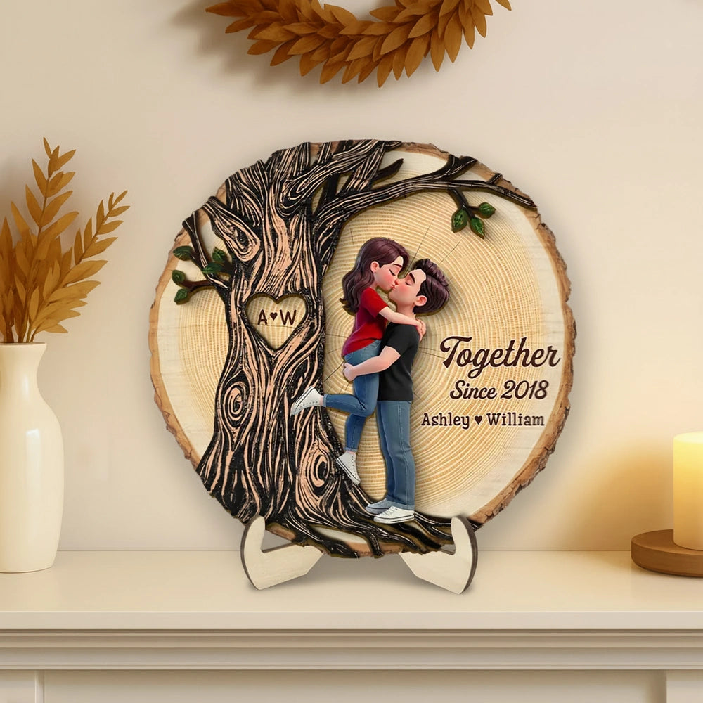 Personalized 2-Layer Wooden Plaque, Kissing Couple by Tree of Love for Anniversary Decor, A Unique Romantic Gift